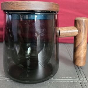 Smoky Gray/Black Glass Tea Mug Cup Wood Handle & Lid w/Glass Infuser 14oz NWOB